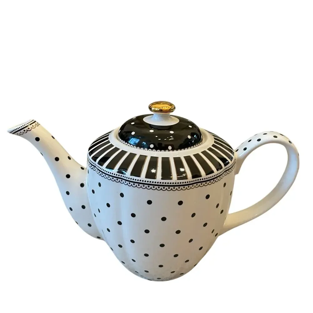 Grace Teaware Fine Porcelain Teapot Black Josephine Stripes and Dots Coffee Pot